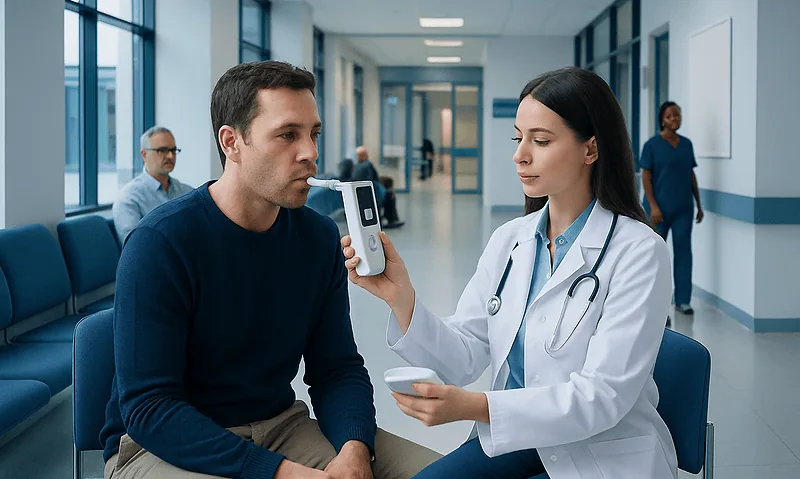Doctor administering a breathalyzer test to a patient in a hospital corridor.
