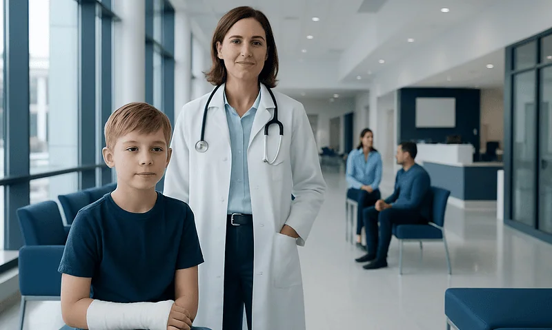 Pediatric patient with arm injury in hospital waiting area with doctor.