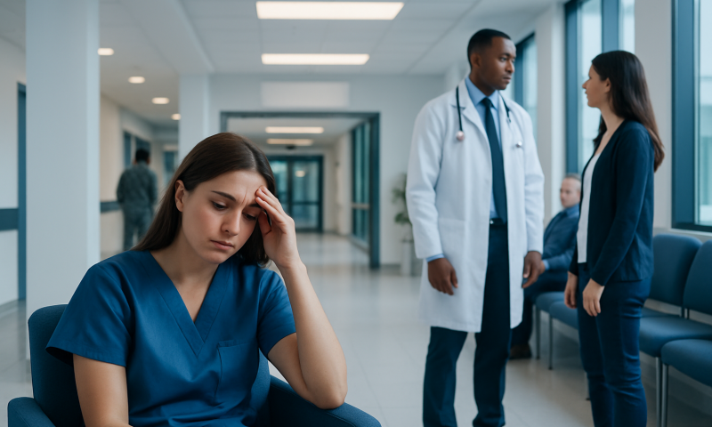 Healthcare professional experiencing headache in hospital corridor.