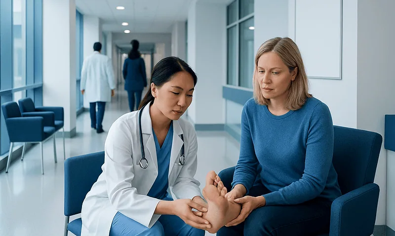 Podiatrist examining a patient's foot in a hospital corridor.