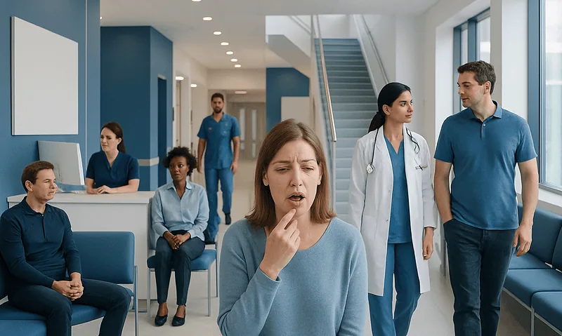 Woman with sore throat in a hospital waiting area with medical staff and patients.