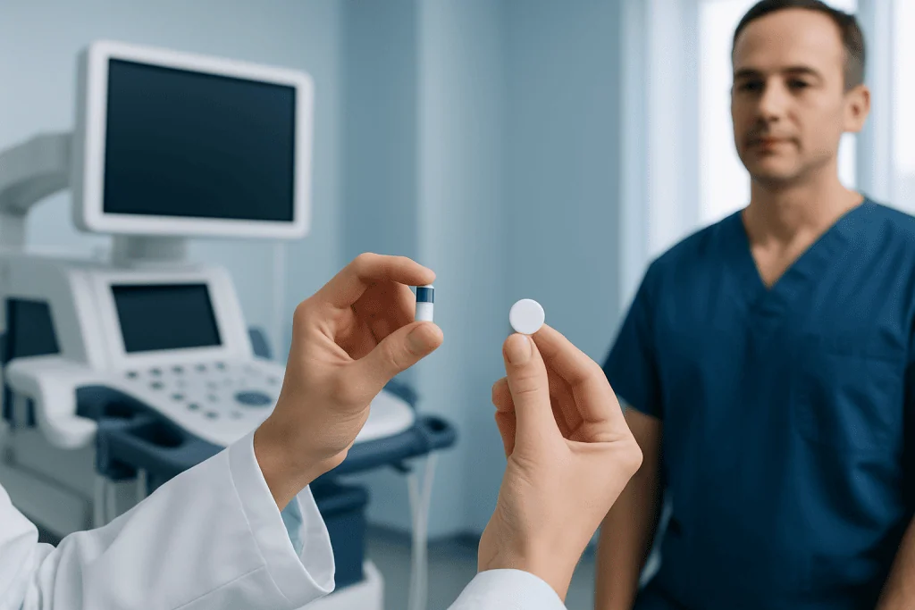 Doctor holding capsule and tablet in hospital setting for medication comparison.