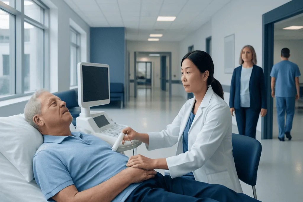 Carotid Ultrasound: A Complete Medical Overview 1 Doctor performing carotid ultrasound on patient in hospital.