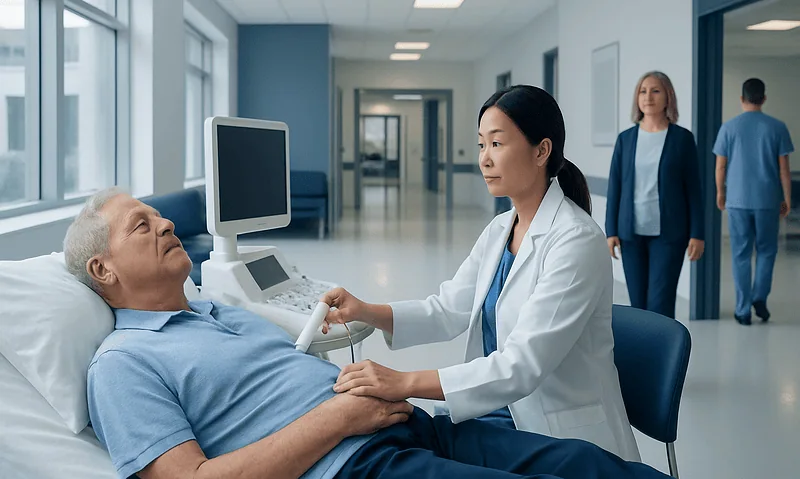 Doctor performing carotid ultrasound on patient in hospital.
