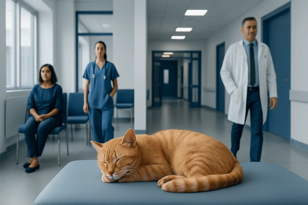 Cat Nap: A Complete Medical Overview 1 Cat resting on a medical examination table in a hospital corridor.