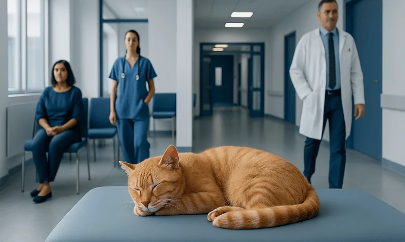 Cat resting on a medical examination table in a hospital corridor.