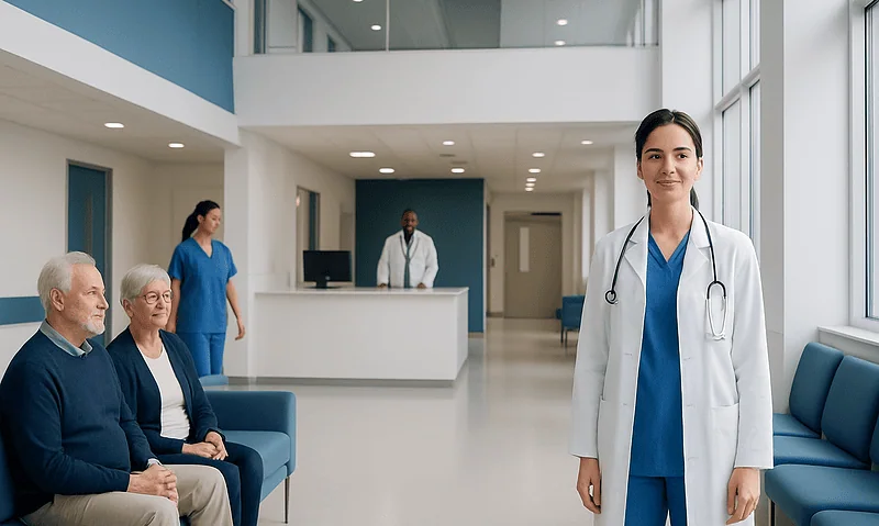Healthcare professionals and patients in a modern hospital lobby.