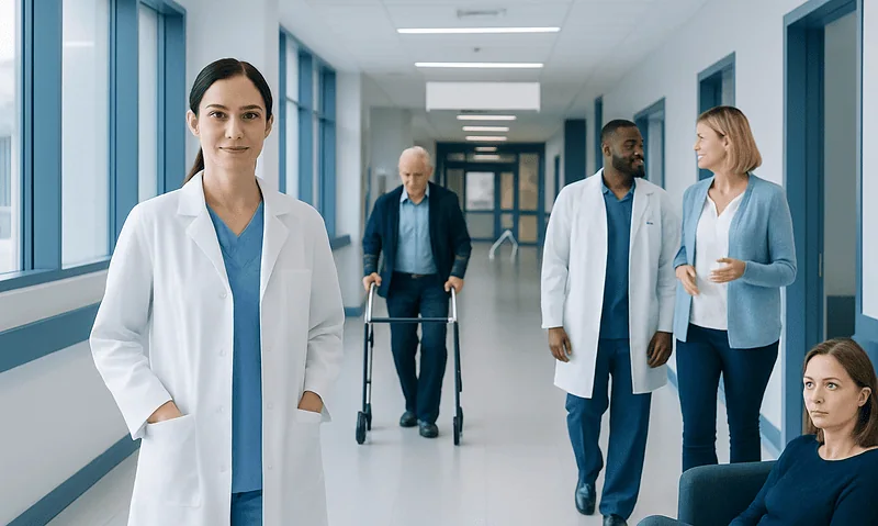 Healthcare professionals and patient in hospital corridor at Acibadem Hospitals Group.