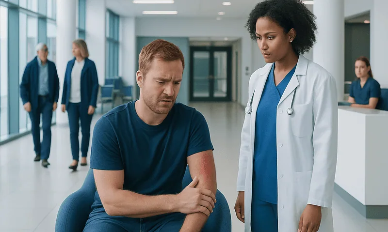 Patient consulting with a healthcare professional in a hospital corridor.