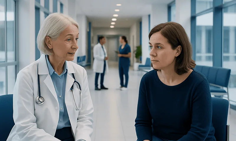 Doctor consulting with a patient in a hospital corridor.