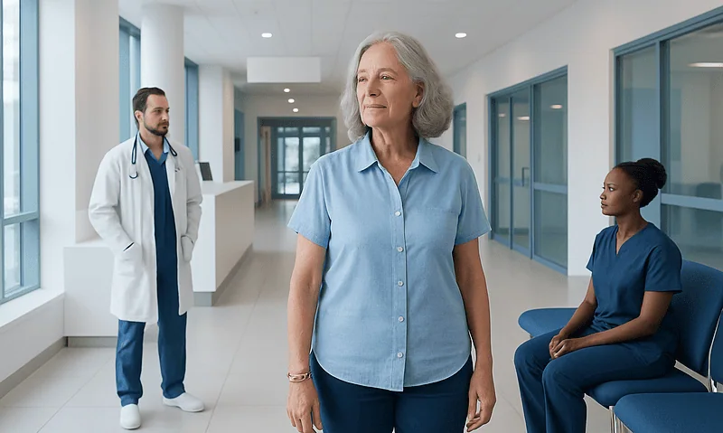 Senior woman in hospital corridor with medical staff and patient.