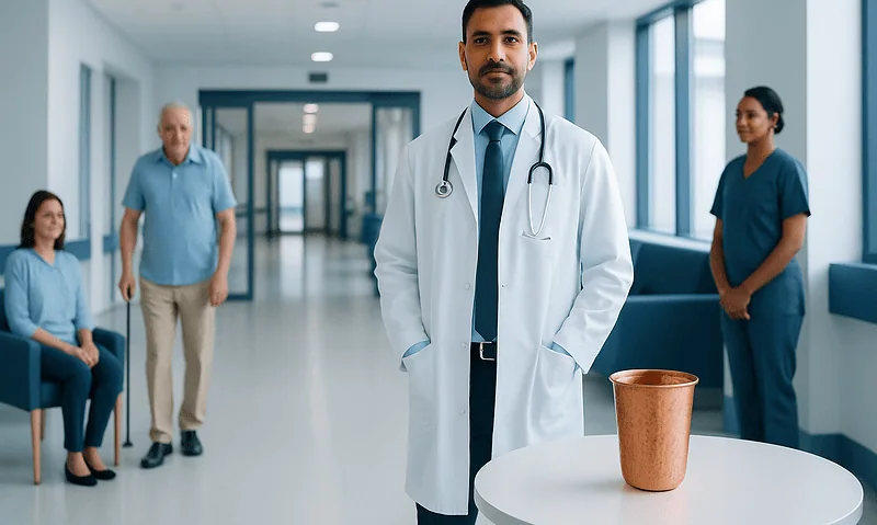 Doctor with stethoscope in hospital corridor with patients and staff.