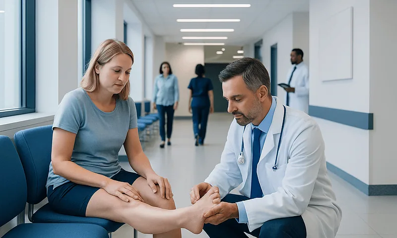 Doctor examining patient's foot in hospital corridor for foot-related issues.
