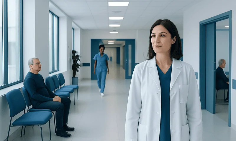 Healthcare professionals and patients in a modern hospital corridor.