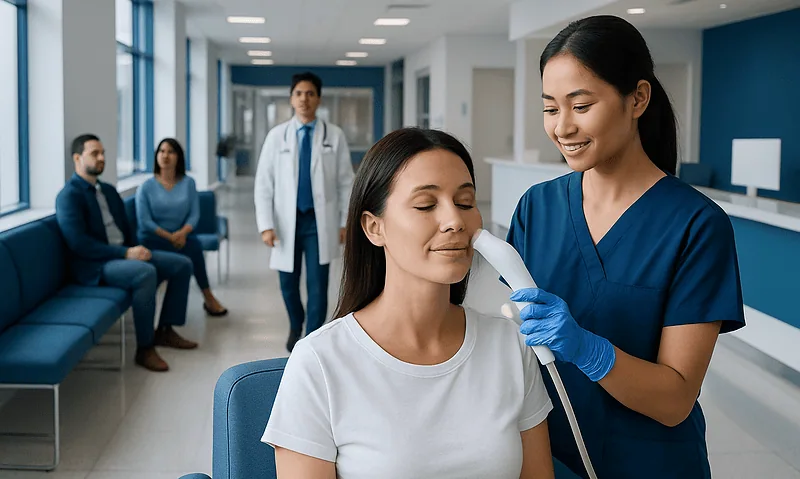 Medical professional performs cryo facial treatment on patient in clinic.