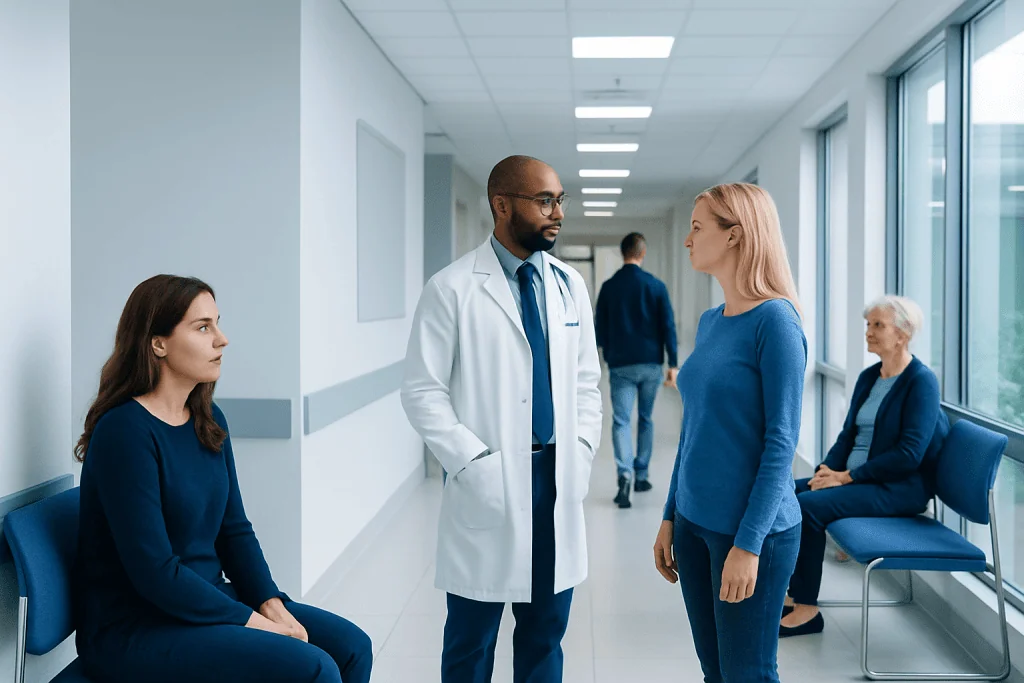 What's a Cysts: An Evidence-Based Guide for Patients 1 Doctor consulting with a patient in a hospital corridor.