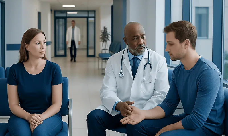 Doctor consulting with young male patient in hospital corridor.