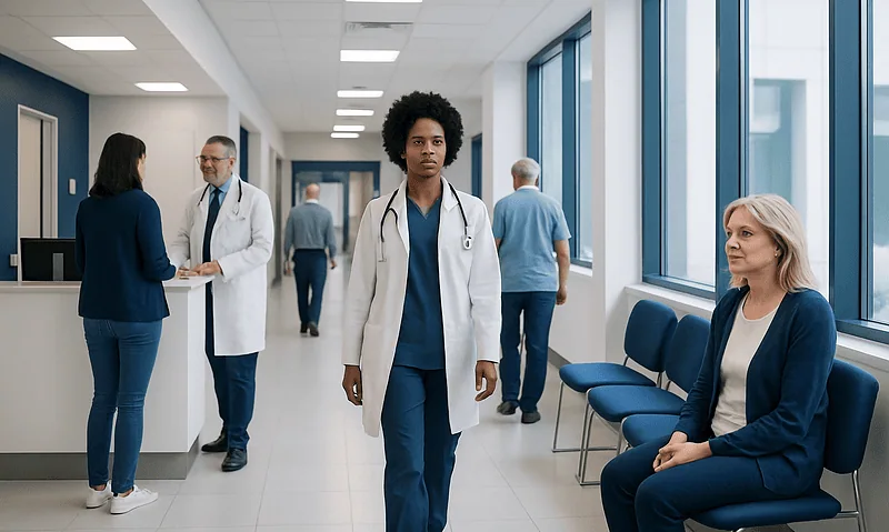 Diverse medical team in hospital corridor with patients and staff.