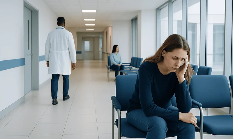 Young woman experiencing distress in a hospital corridor with medical staff nearby.