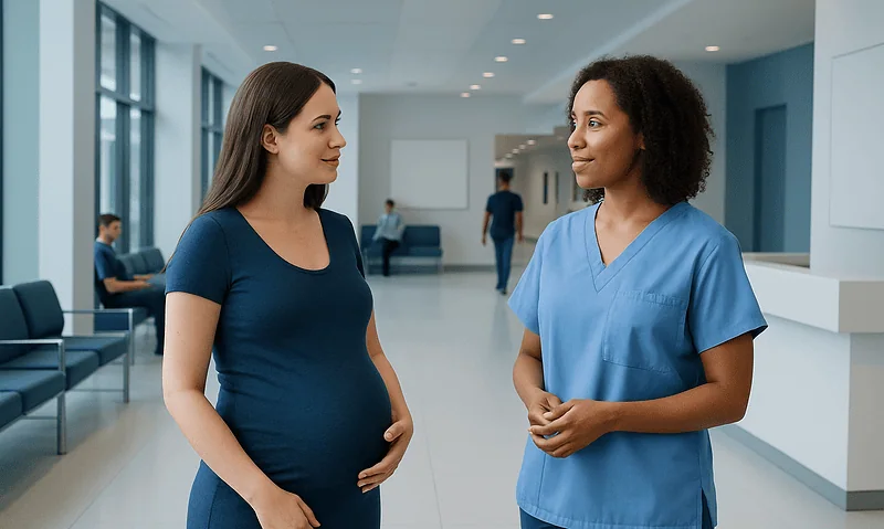 Pregnant woman talking to nurse in hospital lobby.