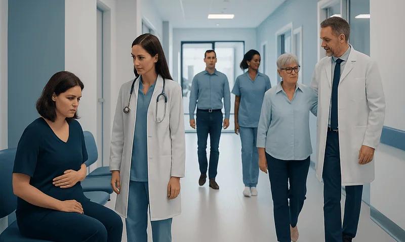Medical team consulting patient in hospital corridor at Acibadem Hospitals Group.