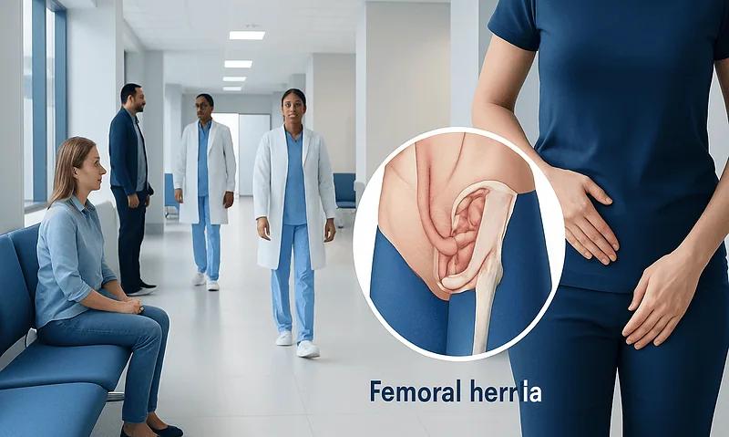 Medical team discussing femoral hernia diagnosis and treatment options.