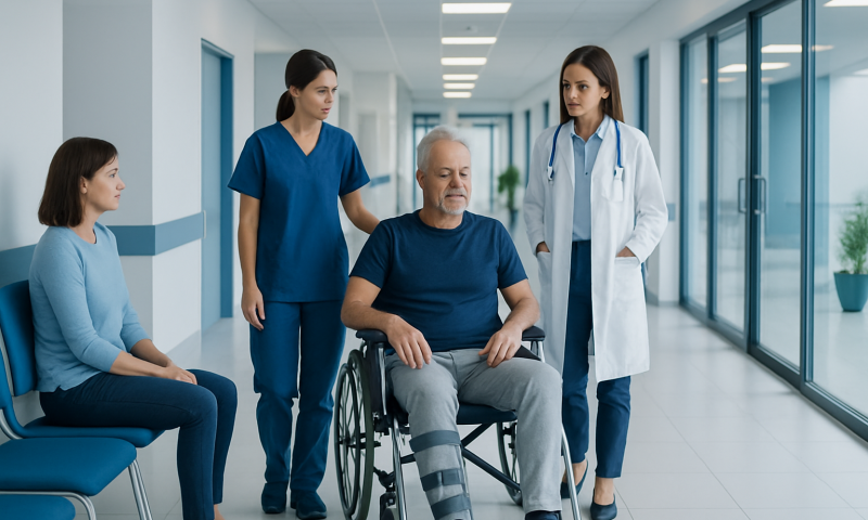 Medical team assisting a patient in a wheelchair in hospital corridor.