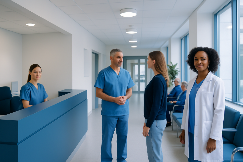 Flipper Tooth: A Complete Medical Overview 1 Healthcare professionals and patient in a modern hospital corridor.