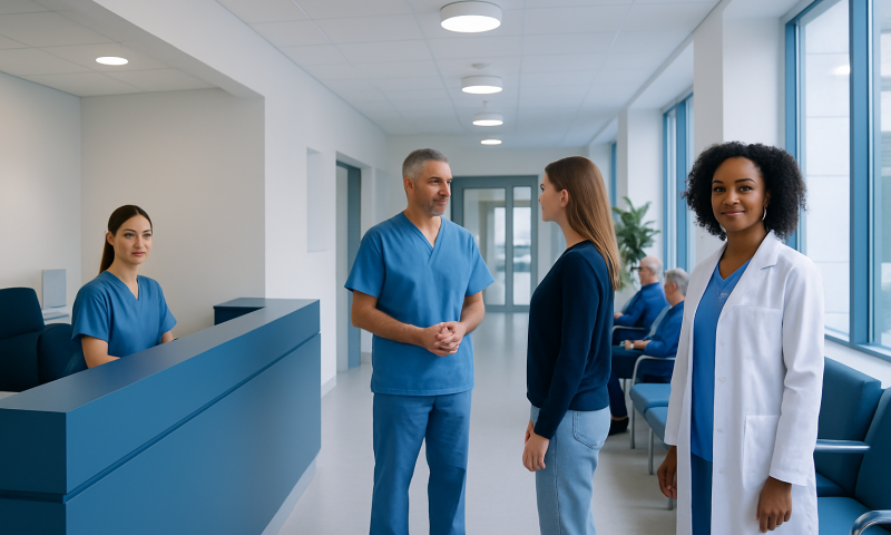 Flipper Tooth: A Complete Medical Overview 6 Healthcare professionals and patient in a modern hospital corridor.