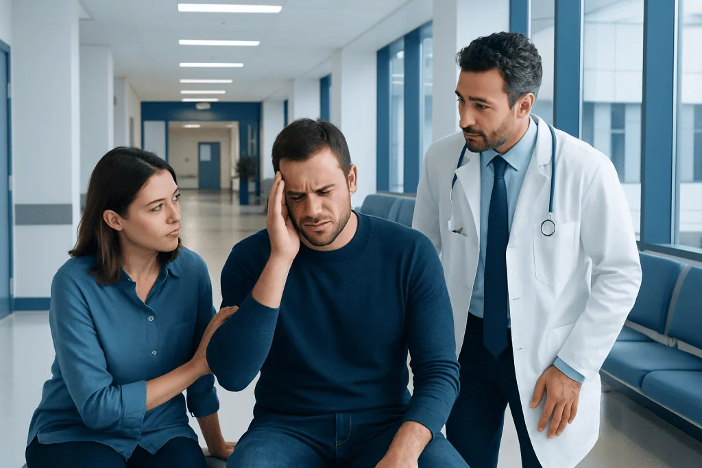 Focal Seizure: What Patients Need to Know 1 Patient experiencing headache in hospital corridor with medical staff present.