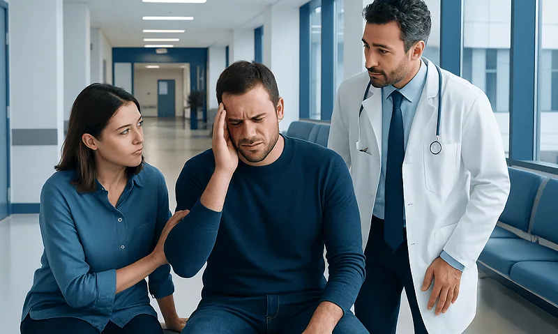 Patient experiencing headache in hospital corridor with medical staff present.