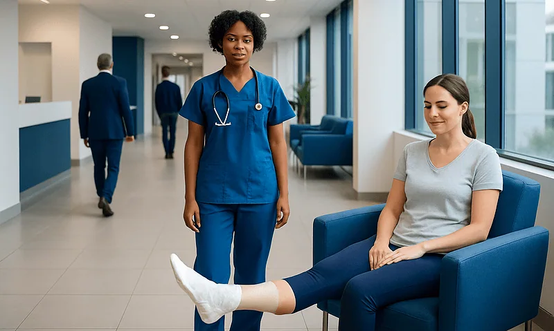 Medical professional examining patient's leg in hospital corridor.