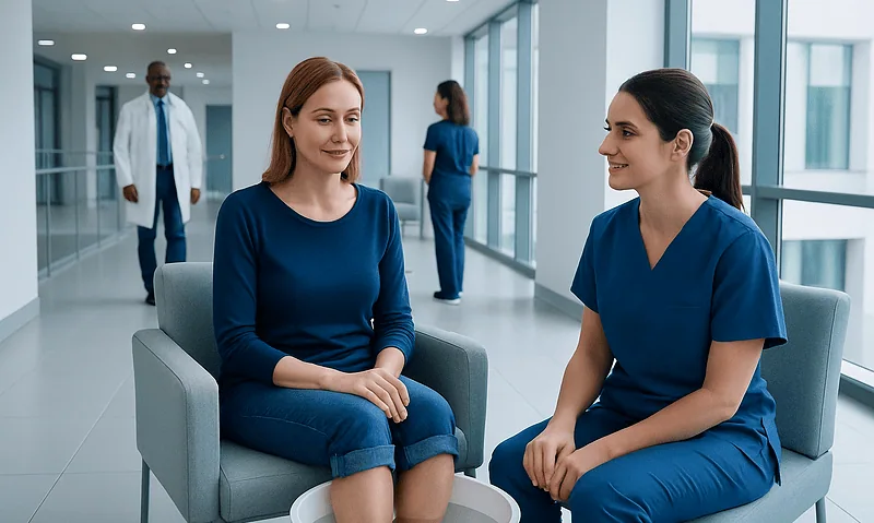 Patient and nurse having a conversation in a modern hospital lobby.