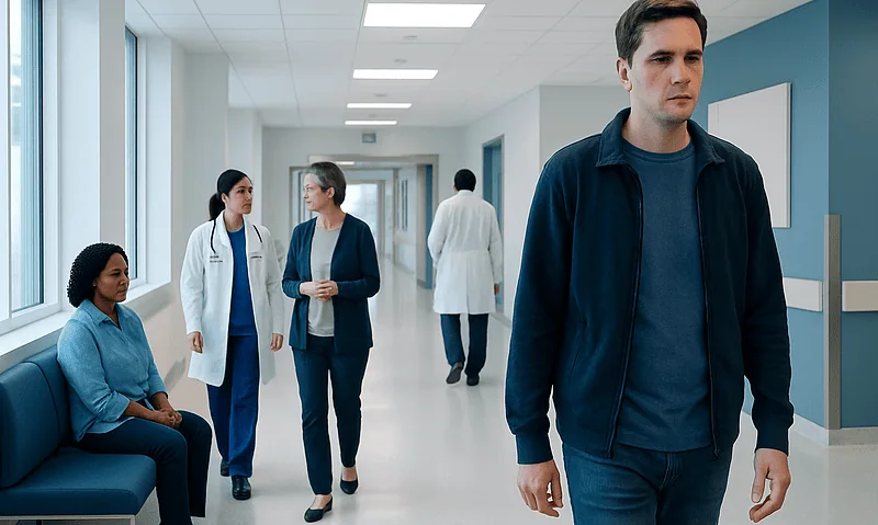 Patients and medical staff in a hospital corridor at Acibadem Hospitals Group.