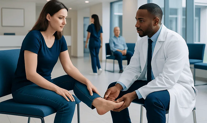 Doctor examining patient's foot in a hospital setting.