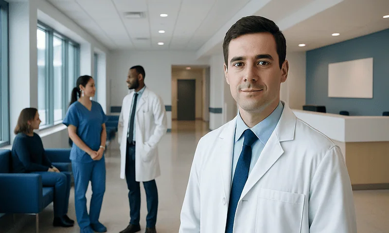Medical team at Acibadem Hospital in a modern, well-lit lobby.