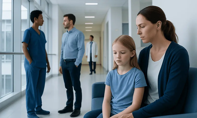 Child and mother waiting in hospital corridor with medical staff nearby.