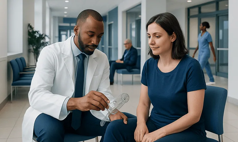 Doctor explaining goniometer use to patient in hospital corridor.