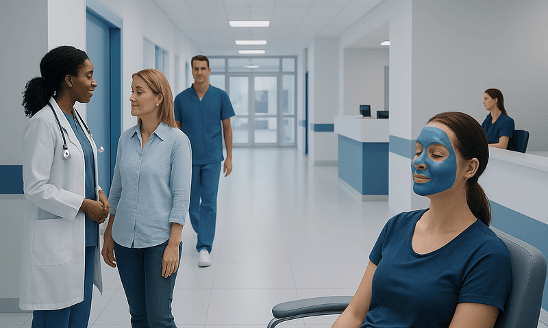 Patient receiving facial treatment at Acibadem Hospital with medical staff nearby.
