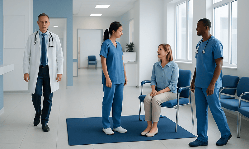Medical team consulting with a patient in a hospital corridor.