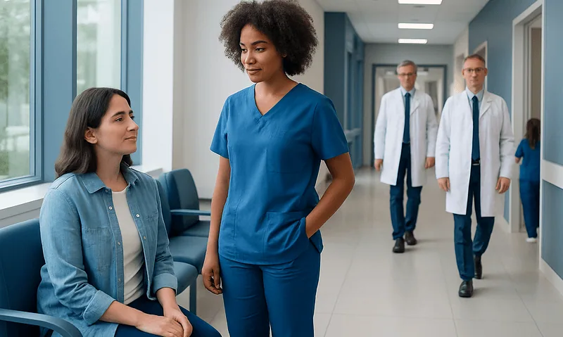 Healthcare professionals and patient in hospital corridor.