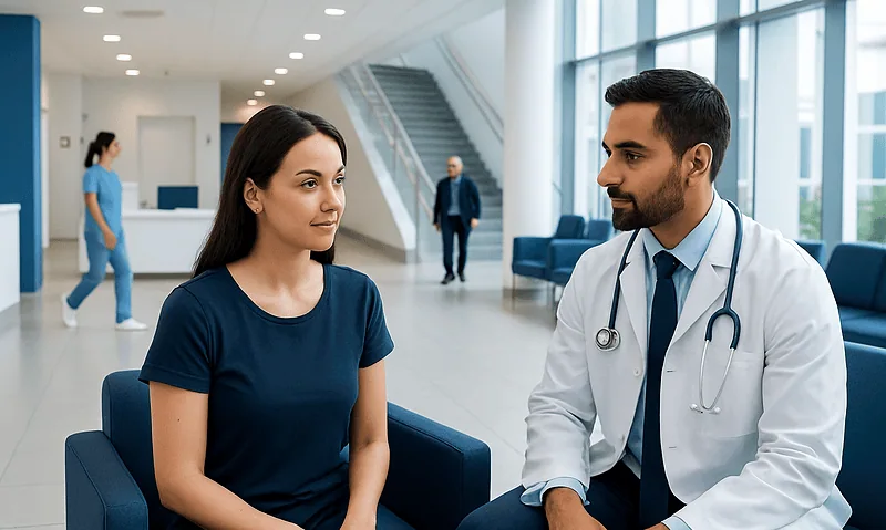 Doctor consulting with a female patient in a modern hospital lobby.