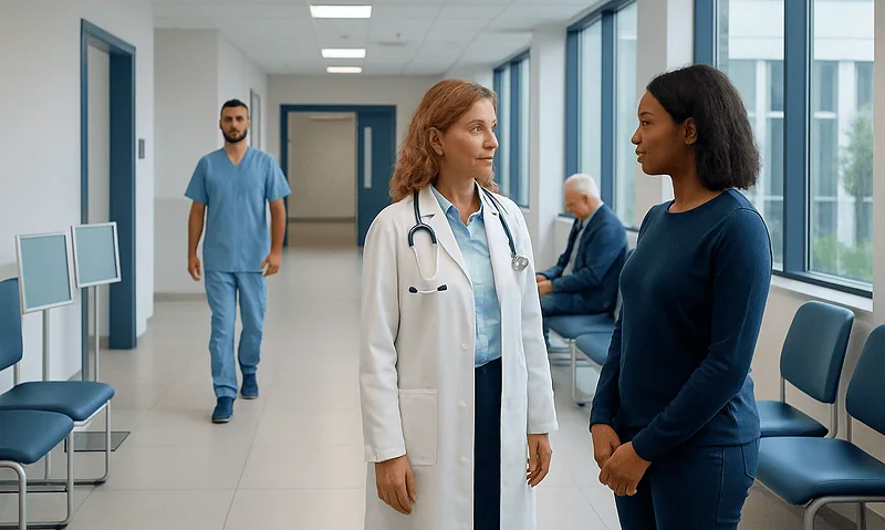 Doctor and patient having a conversation in a hospital corridor.
