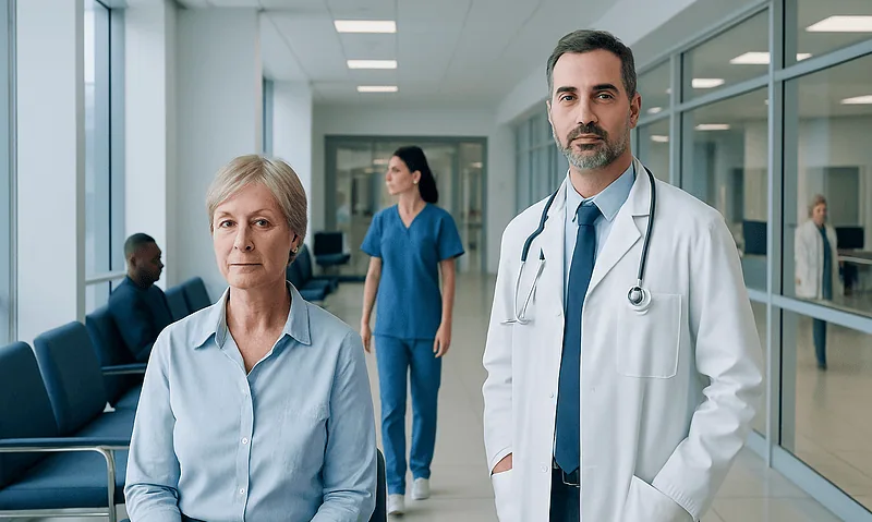 Doctor with elderly patient in hospital corridor.