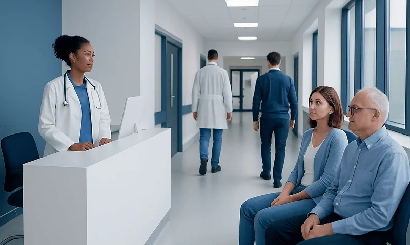Hospital waiting area with patients and medical staff.