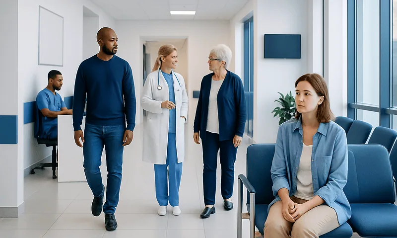 Hospital corridor with medical staff and patients in a modern healthcare facility.