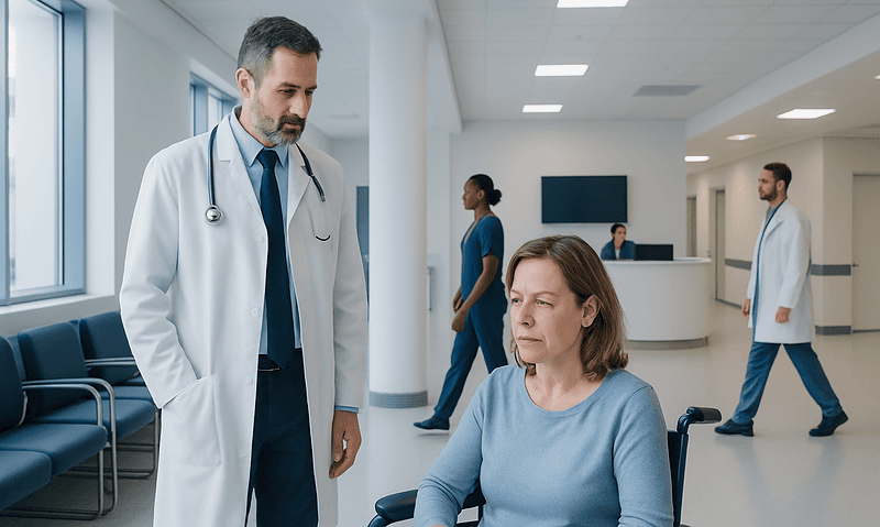 Doctor consulting with a patient in a hospital corridor.