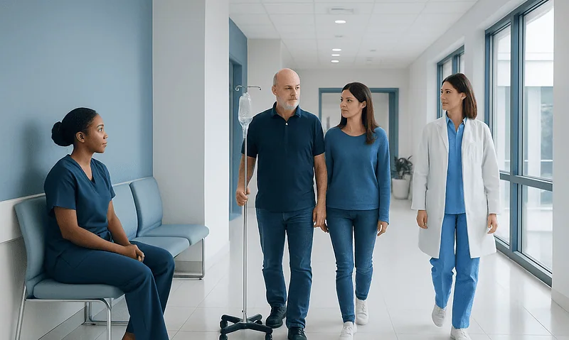 Huber Needle: An Evidence-Based Guide for Patients 4 Medical professionals and patient in hospital corridor with IV stand.