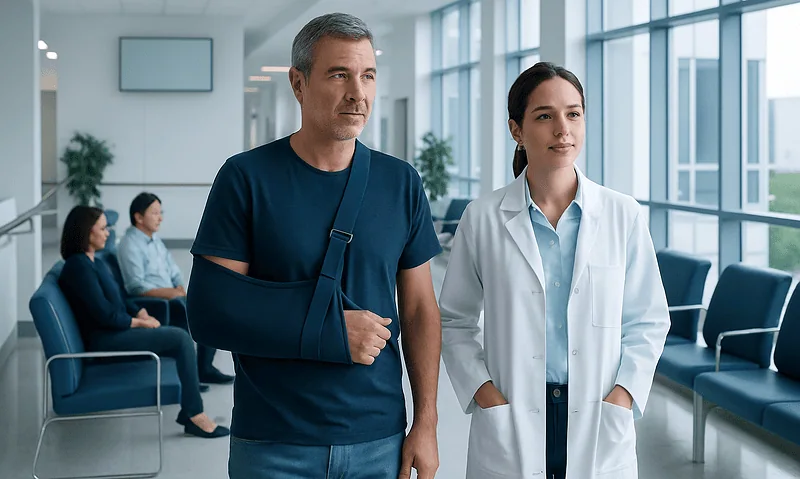 Patient with arm injury consulting with doctor at hospital.
