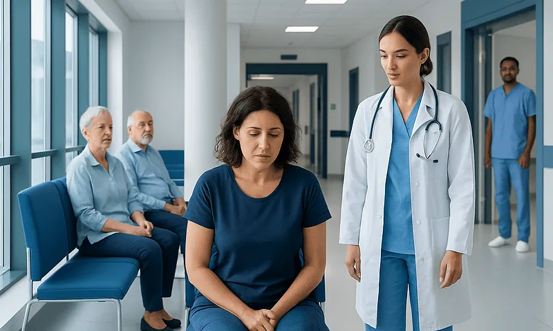 Patient in a hospital waiting area with medical staff and other patients.